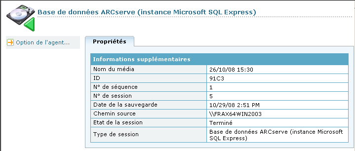 Gestionnaire de restauration - Propriétés de base de données ARCserve
