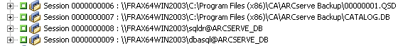 Gestionnaire de restauration - Restauration par session - La session de base de données ARCserve est mise en surbrillance