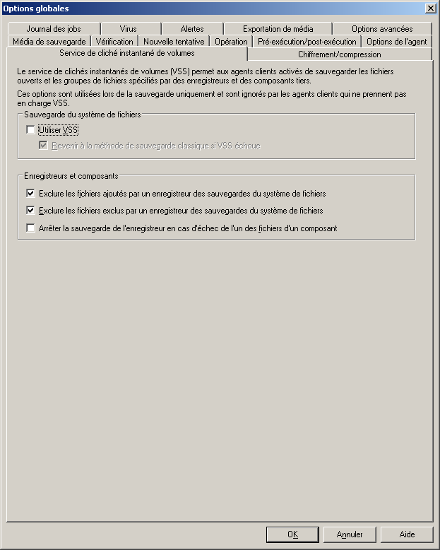 Onglet Service de clichés instantanés de volumes dans la boîte de dialogue Options globales