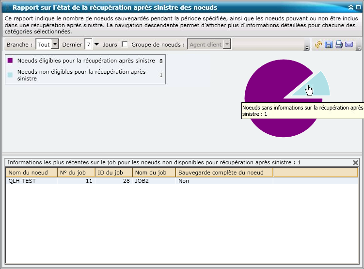 Rapport sur l'état de la récupération après sinistre des noeuds : Graphique à secteurs détaillé