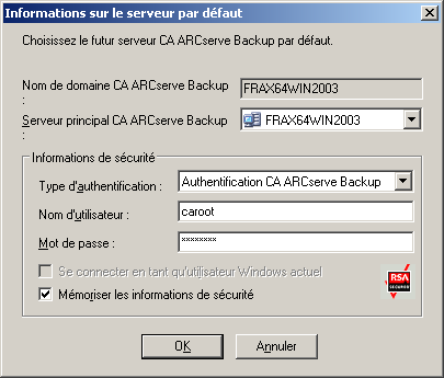 Boîte de dialogue Informations sur le serveur par défaut