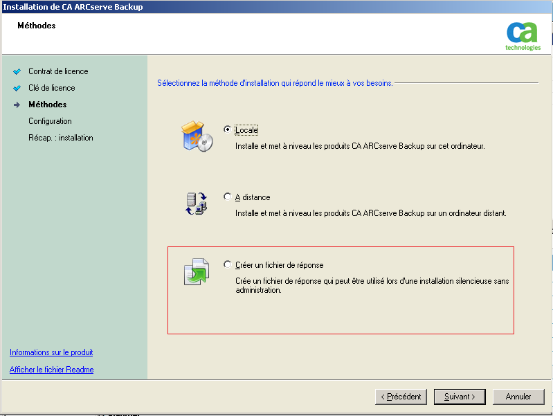 Installation : méthodes - Créer un fichier de réponse est spécifié.