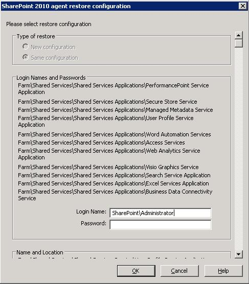 Finestra di dialogo Impostazioni di configurazione ripristino in SharePoint Server 2010
