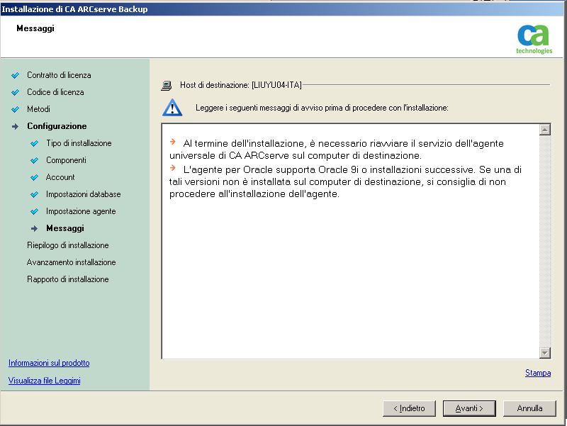 Programma di installazione: finestra di dialogo Messaggi.