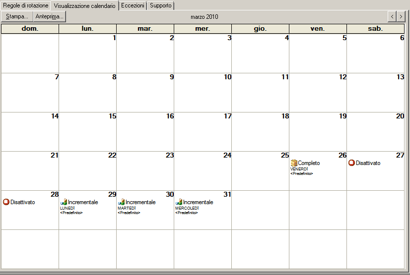 Scheda Pianificazione di Gestione backup. È selezionata la scheda Visualizzazione calendario.