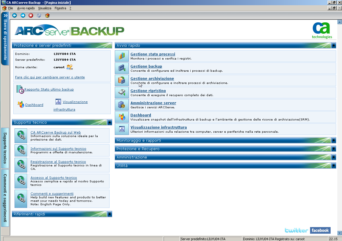 Pagina iniziale di CA ARCserve Backup
