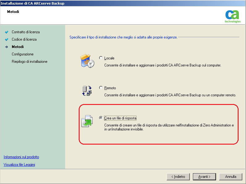 Programma di installazione: Metodi - Viene specificato Crea un file di risposta.