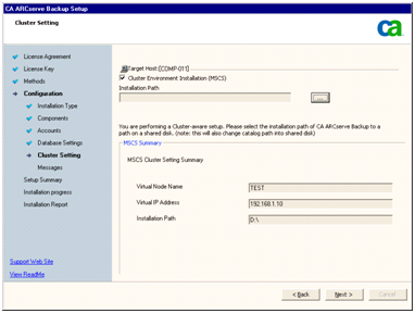 Programma di installazione: finestra di dialogo Impostazioni cluster.