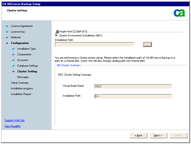 Programma di installazione: finestra di dialogo Impostazioni cluster.