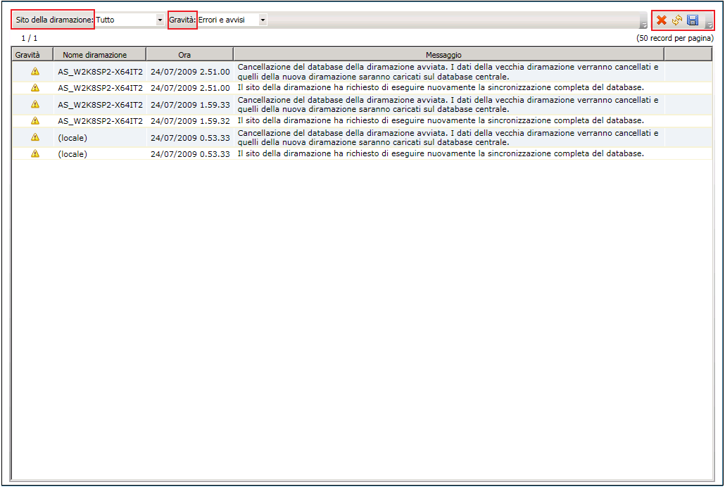 Riquadro messaggi di gestione centrale