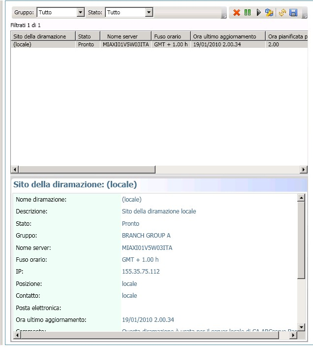 Gestione centrale - Riquadro gestione diramazioni