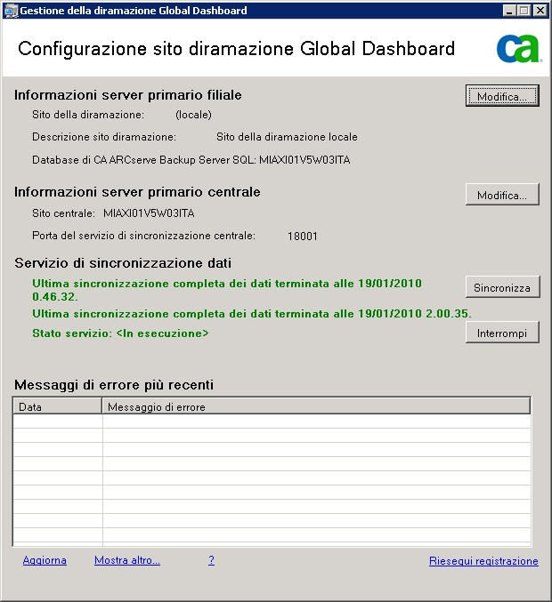 Finestra di dialogo di configurazione del sito della diramazione
