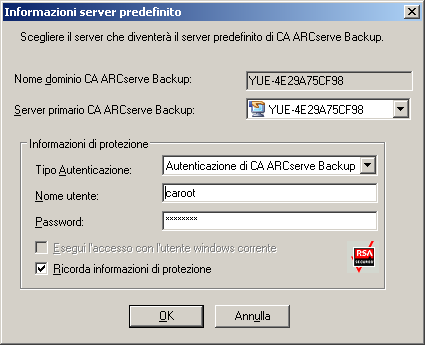 Finestra di dialogo Informazioni server predefinito.