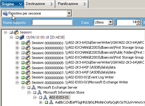 Scheda Origine con il tipo di ripristino Ripristino per sessione selezionato.