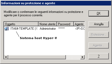 Finestra di dialogo Protezione e agente Connessione al sistema host Hyper-V