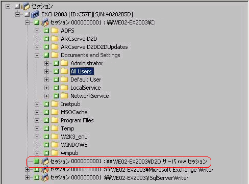 リストア マネージャ、セッション ツリー。 raw バックアップ セッションが指定されています。