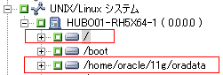 バックアップ マネージャ: UNIX/Linux システム オブジェクトが展開され、サーバとその中身が表示されています。