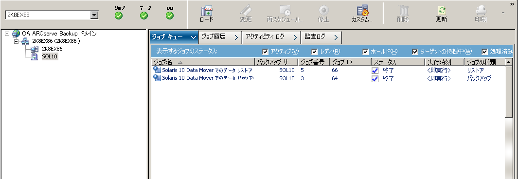 ジョブ ステータス マネージャ: Data Mover サーバが選択され、ジョブ キューにジョブが含まれています。