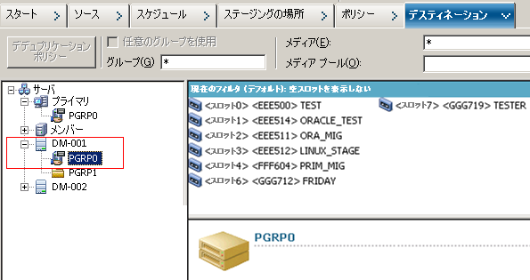 バックアップ マネージャの［デスティネーション］タブ：  選択されたメディアは、Data Mover サーバに接続されたデバイスに関連付けられています。