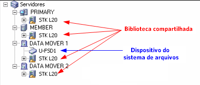 Gerenciador de dispositivos. A árvore de servidor contém bibliotecas que são compartilhadas e um servidor do movimentador de dados com um dispositivo de sistema de arquivos conectado.