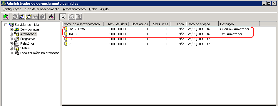 As janelas do Administrador de gerenciamento de mídia exibem os armazenamentos não reconhecidos.
