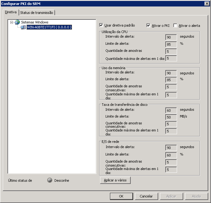 Caixa de diálogo Configurar PKI do SRM. A opção Ativar o alerta é realçada.