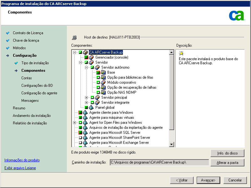 Caixa de diálogo Componentes: o agente para Microsoft SQL Server é realçado. Não é possível desmarcar a caixa de seleção.