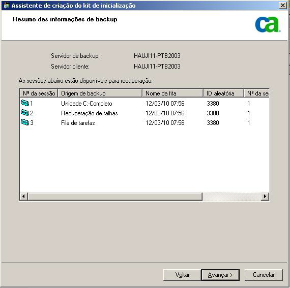 Verifique a lista disponível de sessões que devem ser recuperadas