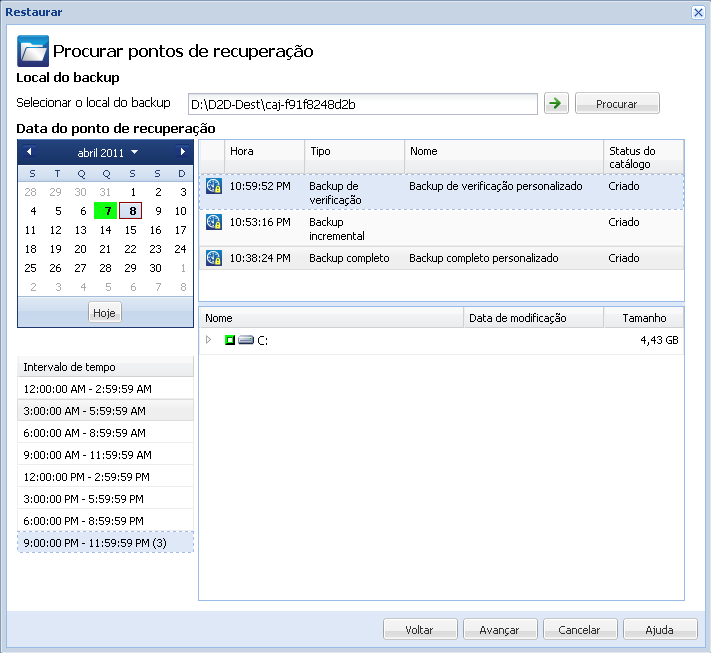 caixa de diálogo Browse Recovery Points. O botão Ajuda é realçado.