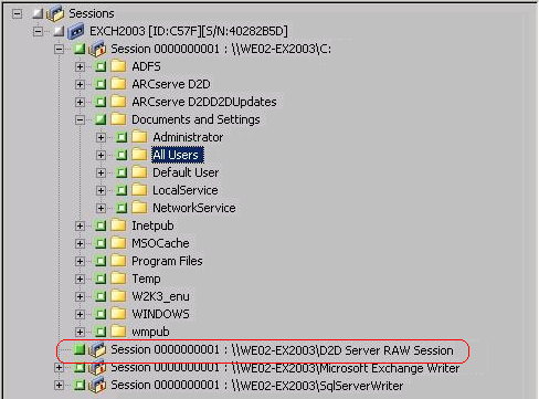 Árvore Gerenciador de restauração, Sessão. A sessão de backup bruto é especificada.