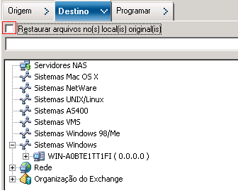 A janela do Gerenciador de restauração e a guia Destino estão selecionadas. Restaurar arquivos para o local original está em destaque.
