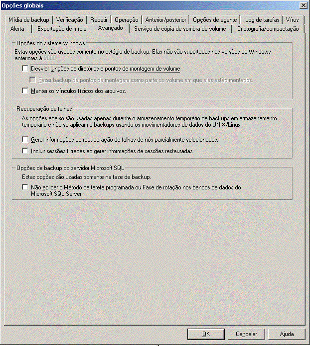 Opção Ativar restauração com horário definido na caixa de diálogo Opções globais