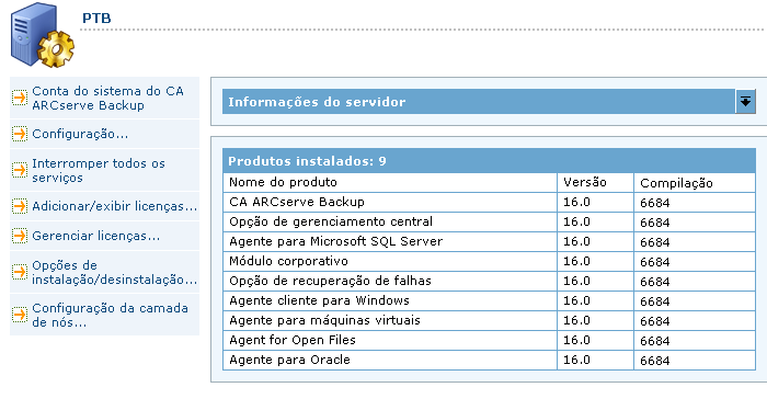 Administrador de servidores - Propriedades - Lista de produtos instalados