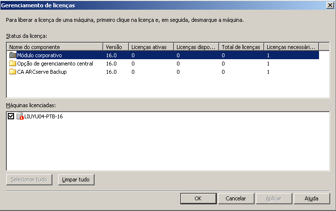 Caixa de diálogo de gerenciamento de licenças - Mostra o número de licenças aplicadas e os servidores associados às licenças selecionadas.