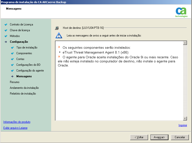 Configuração: caixa de diálogo Mensagens.