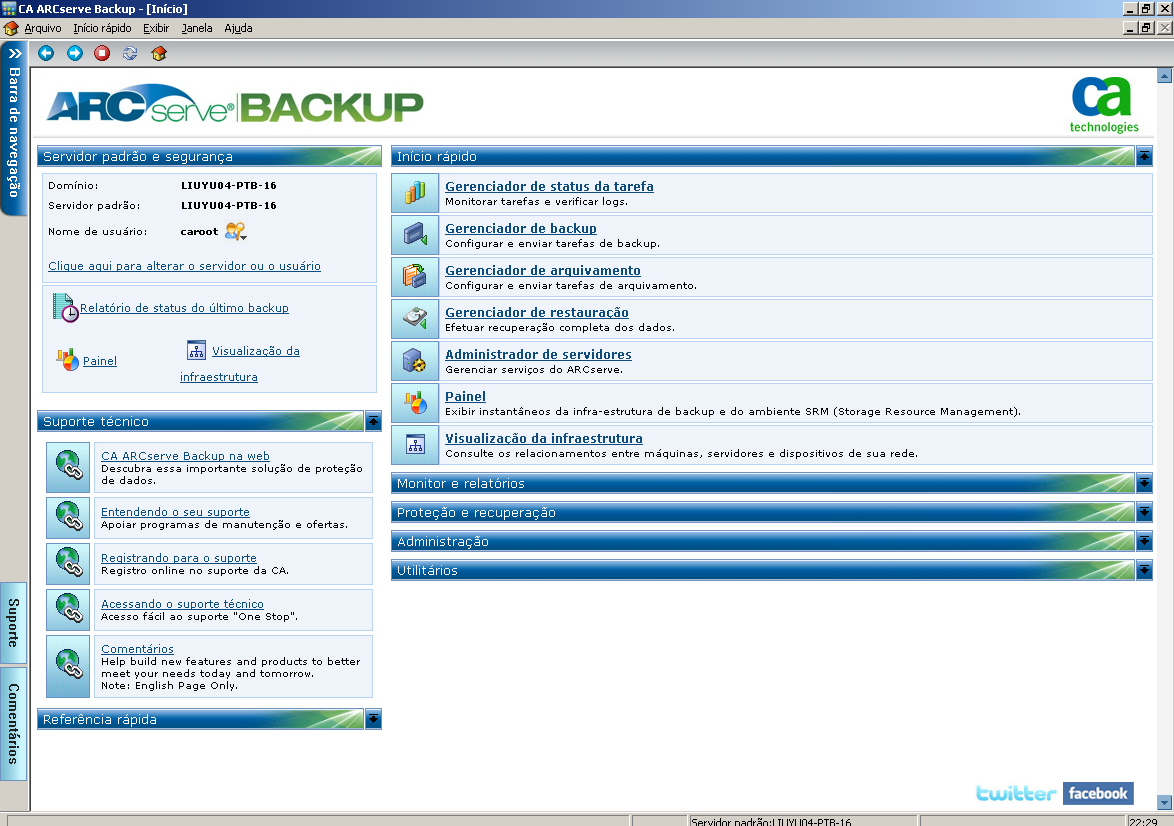 Página inicial do CA ARCserve Backup