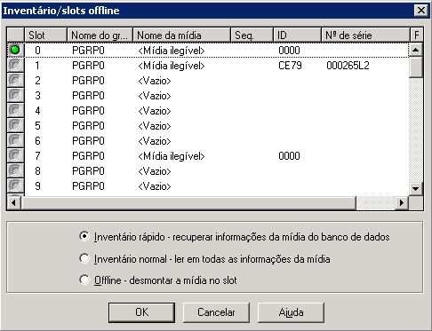 Caixa de diálogo Slots de inventário/offline Inventário normal - a leitura de todas as informações da mídia está especificada.