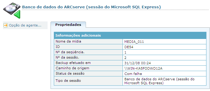Gerenciador de restauração - propriedades do banco de dados do ARCServe