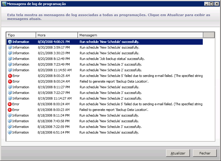 Janela Mensagens de log de programação