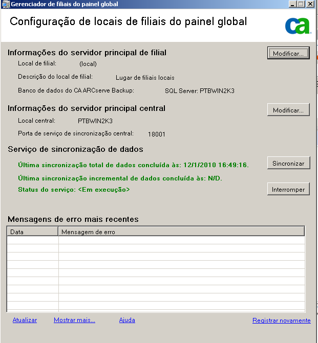 caixa de diálogo Configuração de locais de filiais