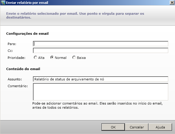 Janela Enviar relatório por email