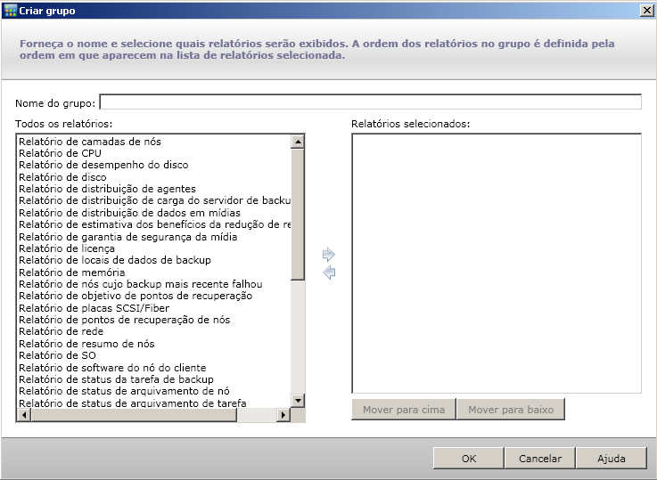 Grupo de painéis - caixa de diálogo Criar grupo.