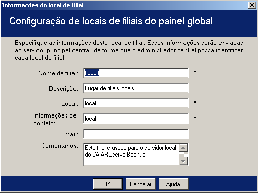 Modificar configuração de locais de filiais