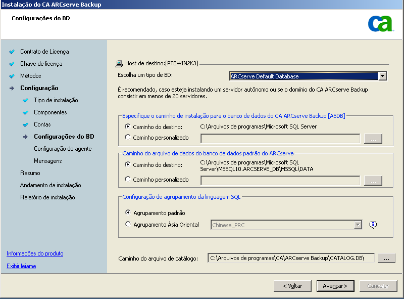 Configuração: caixa de diálogo Configurações do banco de dados.