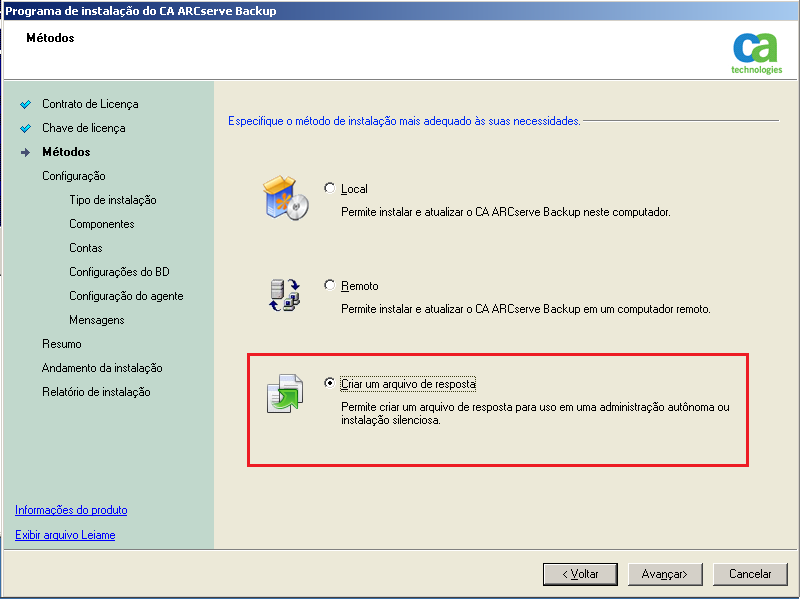 Configuração: métodos - Criar arquivo de resposta está especificado.