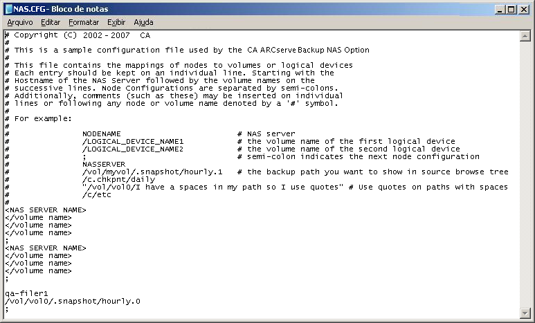 Ilustração mostrando o arquivo nas.cfg para backup de um volume parcial que consiste em arquivos do banco de dados
