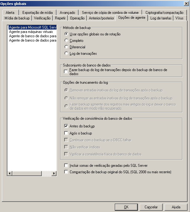Clique no botão Opções na barra de ferramentas e escolha a guia Opções do agente para acessar as Opções globais/Opções do agente.