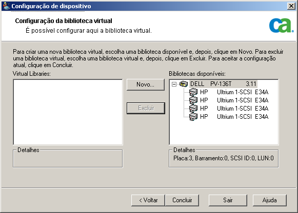 Configuração de bibliotecas virtuais. Exibição de dispositivos no campo Bibliotecas disponíveis.