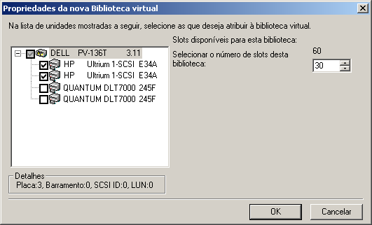 Nova caixa de diálogo Propriedades das bibliotecas virtuais. Os dispositivos aparecem na lista de dispositivos disponíveis.