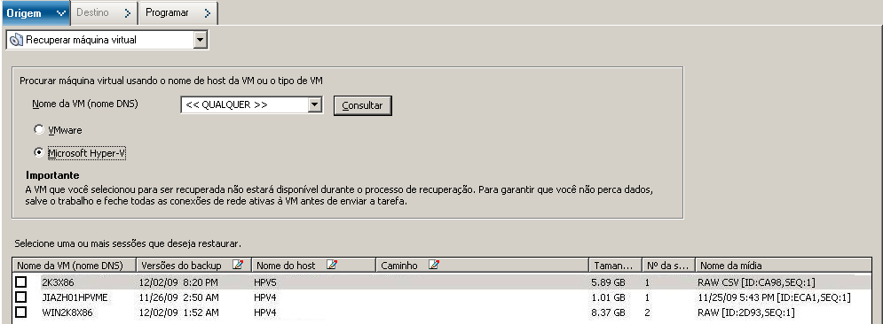 Tela Recuperar VM do gerenciador de restauração